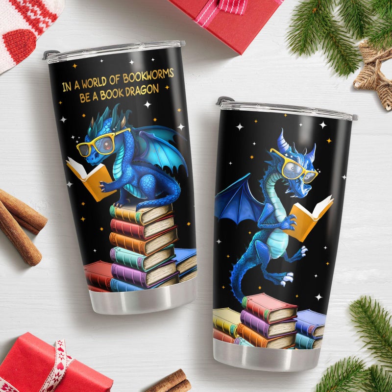 34HD Book Dragon Tumbler with Lid, 20oz Stainless Steel Vacuum Insulated Dragon Coffee Mug, Book Lover Gifts for Birthday Christmas Back To School, Bookworm Gifts for Women, Bookish Items - Image 2